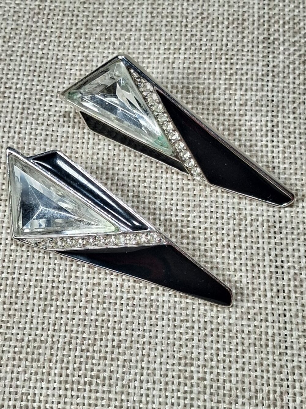 60s Vintage Pierced Earrings: Triangular Black, Glass, Rhinestones by Trifari